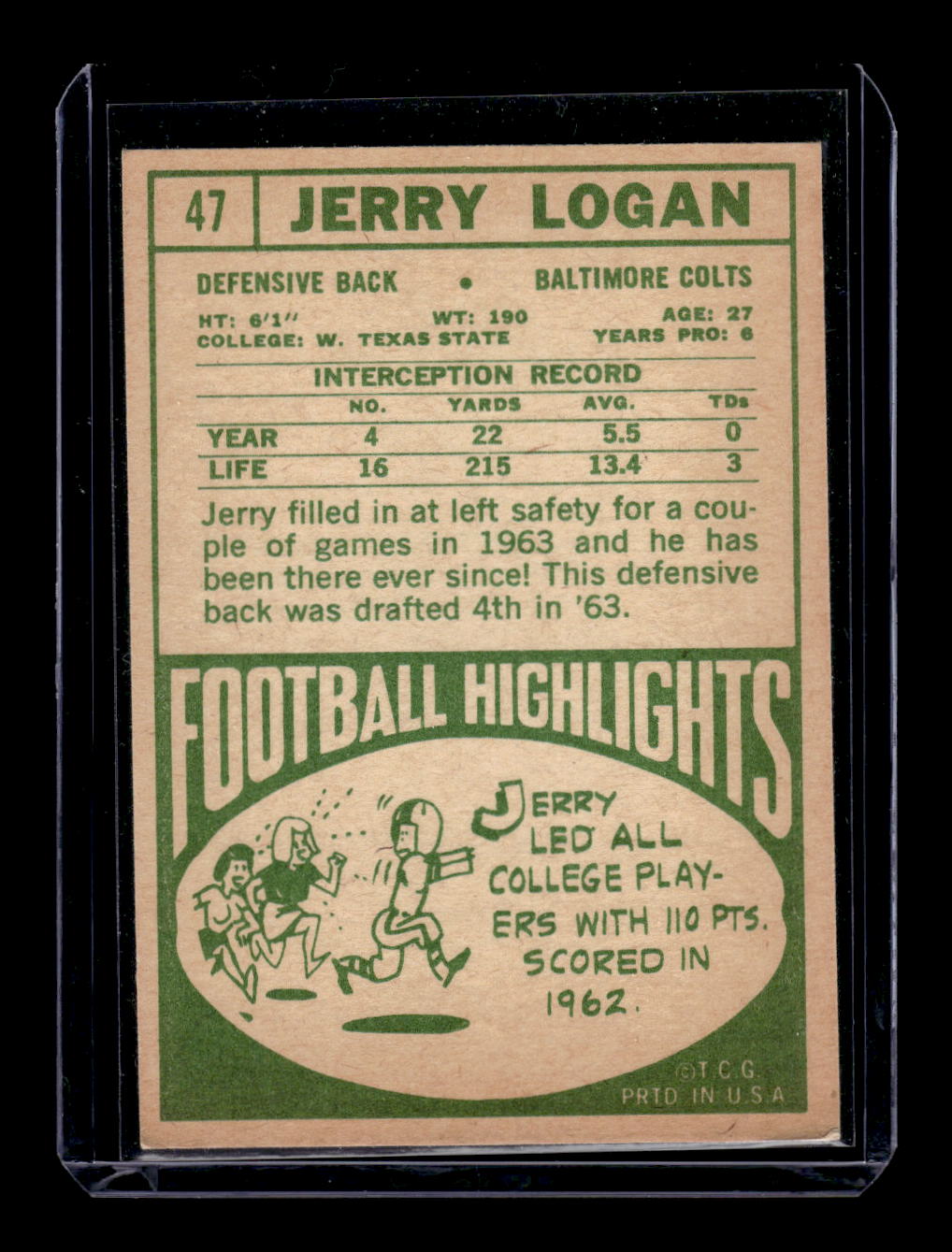 1968 Topps #47 Jerry Logan (Baltimore Colts)