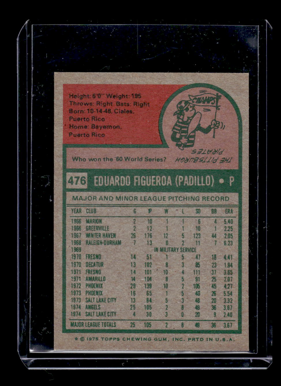 1975 Topps Mini #476 Ed Figueroa RC Rookie (California Angels)