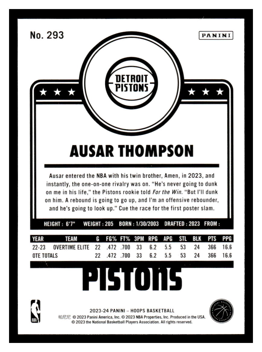 2023-24 Panini NBA Hoops Tribute #293 Ausar Thompson Rookie RC (Detroit Pistons)