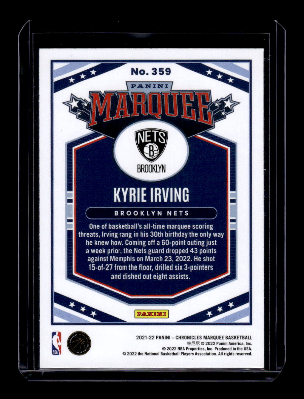 2021-22 Panini Chronicles Marquee #359 Kyrie Irving (Brooklyn Nets)