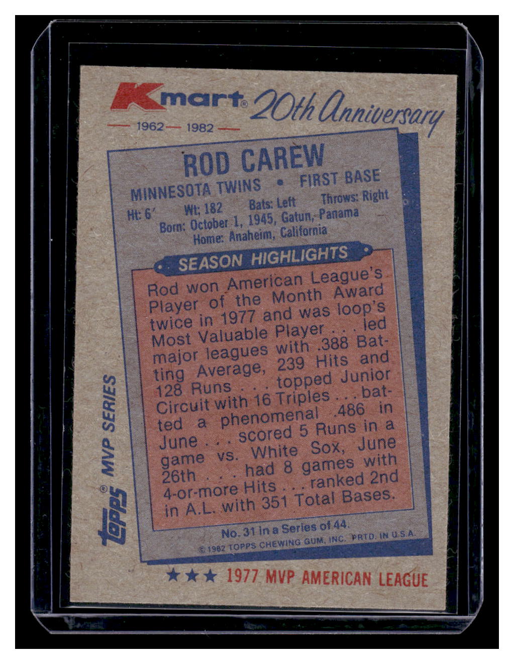 1982 Topps Kmart 20th Anniversary #31 Rod Carew (Minnesota Twins)