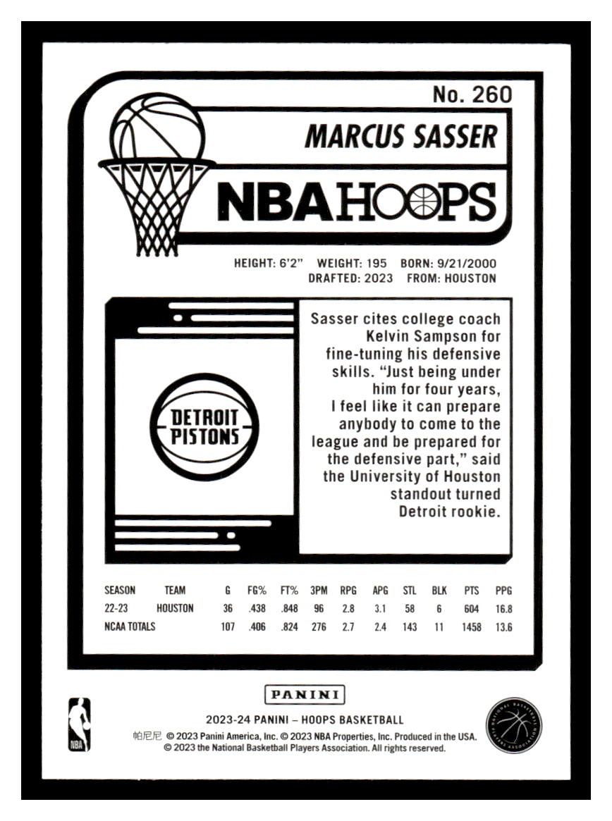 2023-24 Panini NBA Hoops #260 Marcus Sasser (Detroit Pistons)