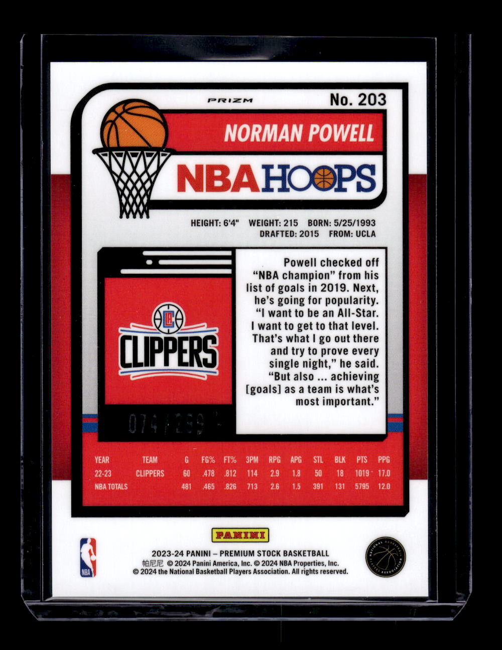 2023-24 Hoops Premium Stock Orange Prizm #203 Norman Powell (Los Angeles Clippers)