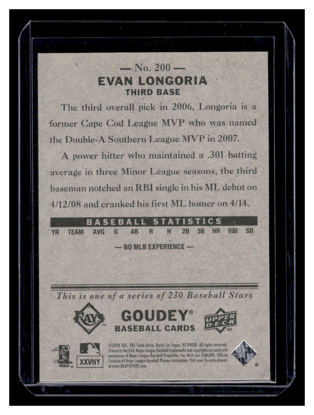 2008 Upper Deck Goudey #200 Evan Longoria Rookie RC (Tampa Bay Rays)