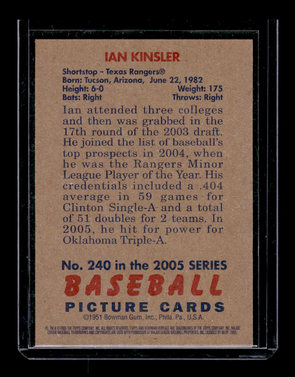 2005 Bowman Heritage Rookie Card #240 Ian Kinsler (Texas Rangers)