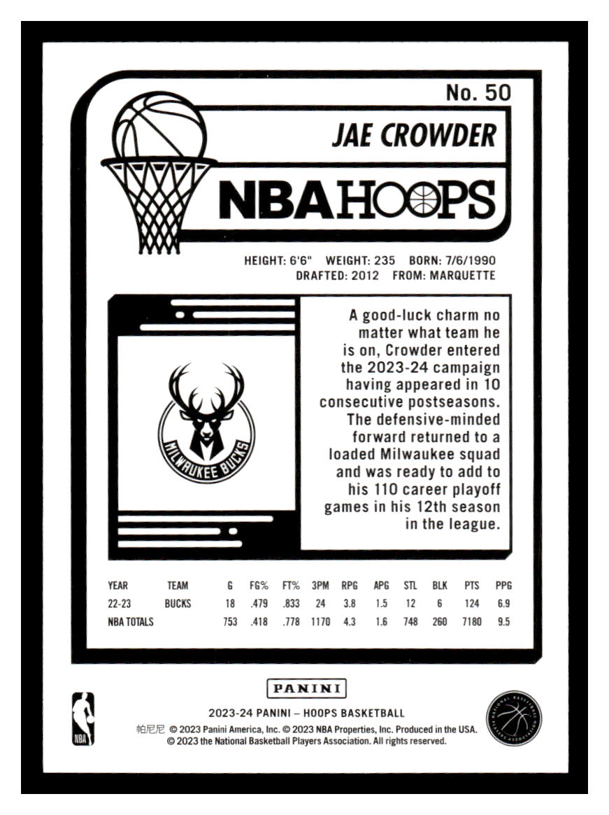 2023-24 Panini NBA Hoops #50 Jae Crowder (Milwaukee Bucks)