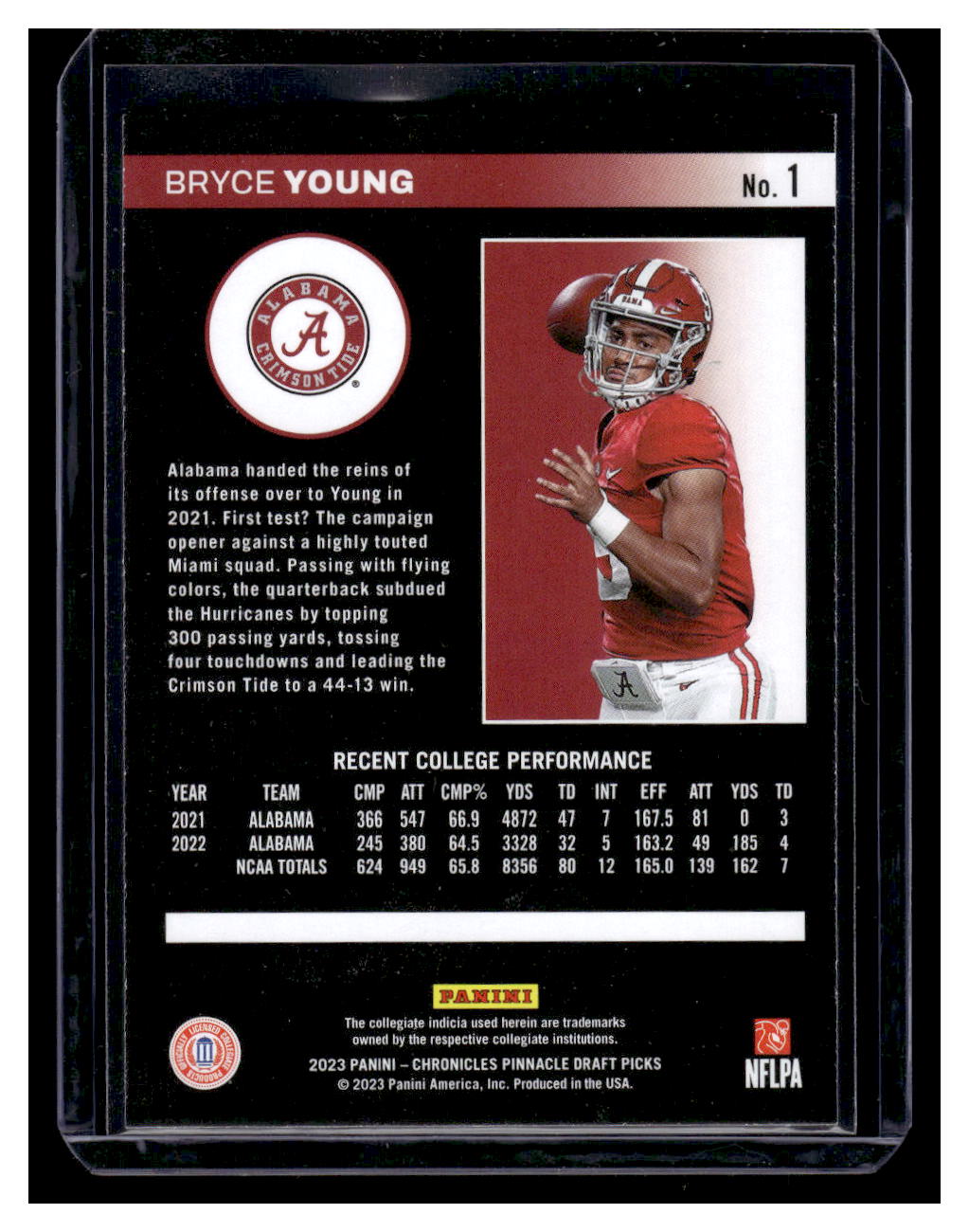 2023 Panini Chronicles Draft Picks Pinnacle #1 Bryce Young (Alabama - Crimson Tide)