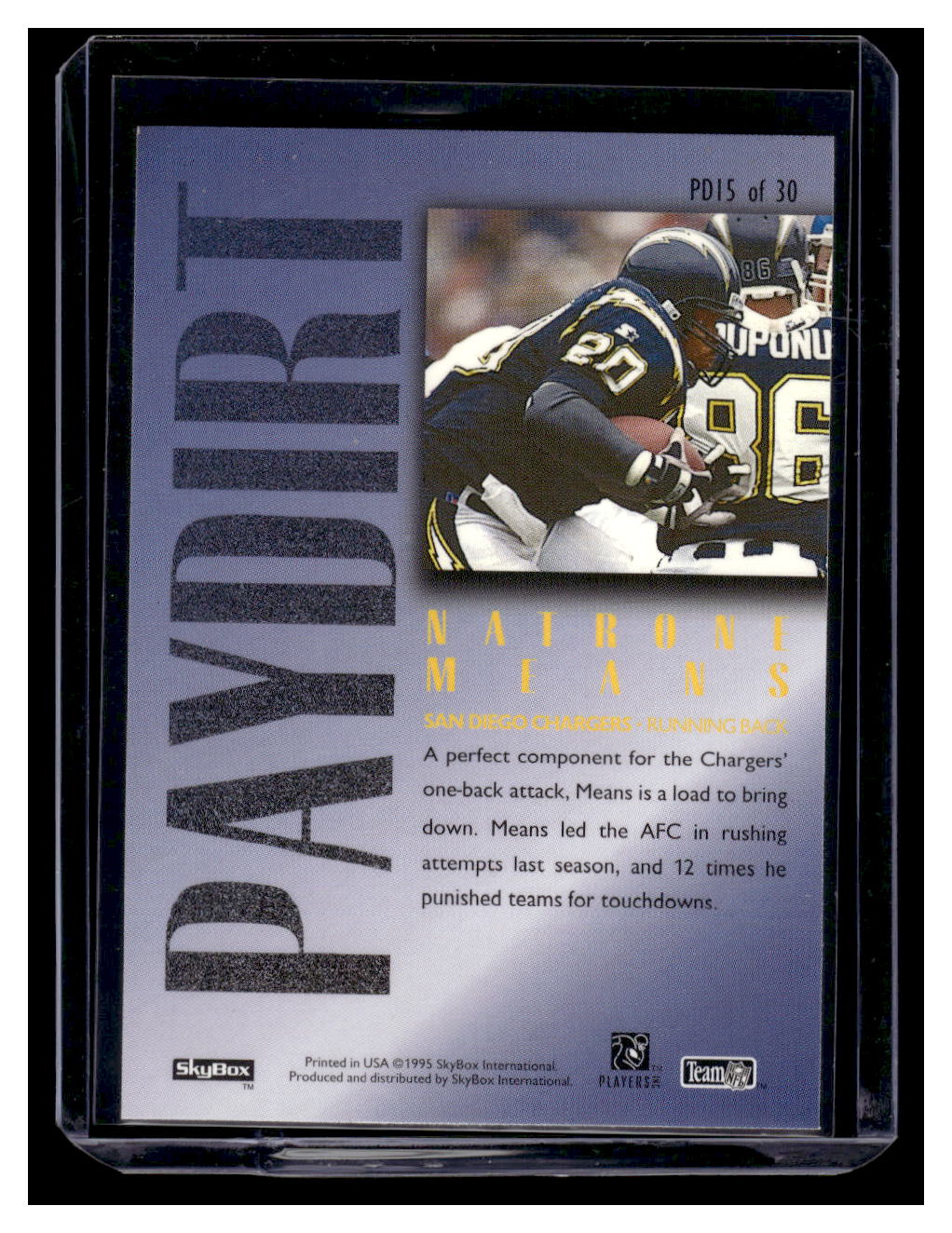 1995 Skybox Premium "Paydirt" #PD15 Natrone Means (San Diego Chargers)