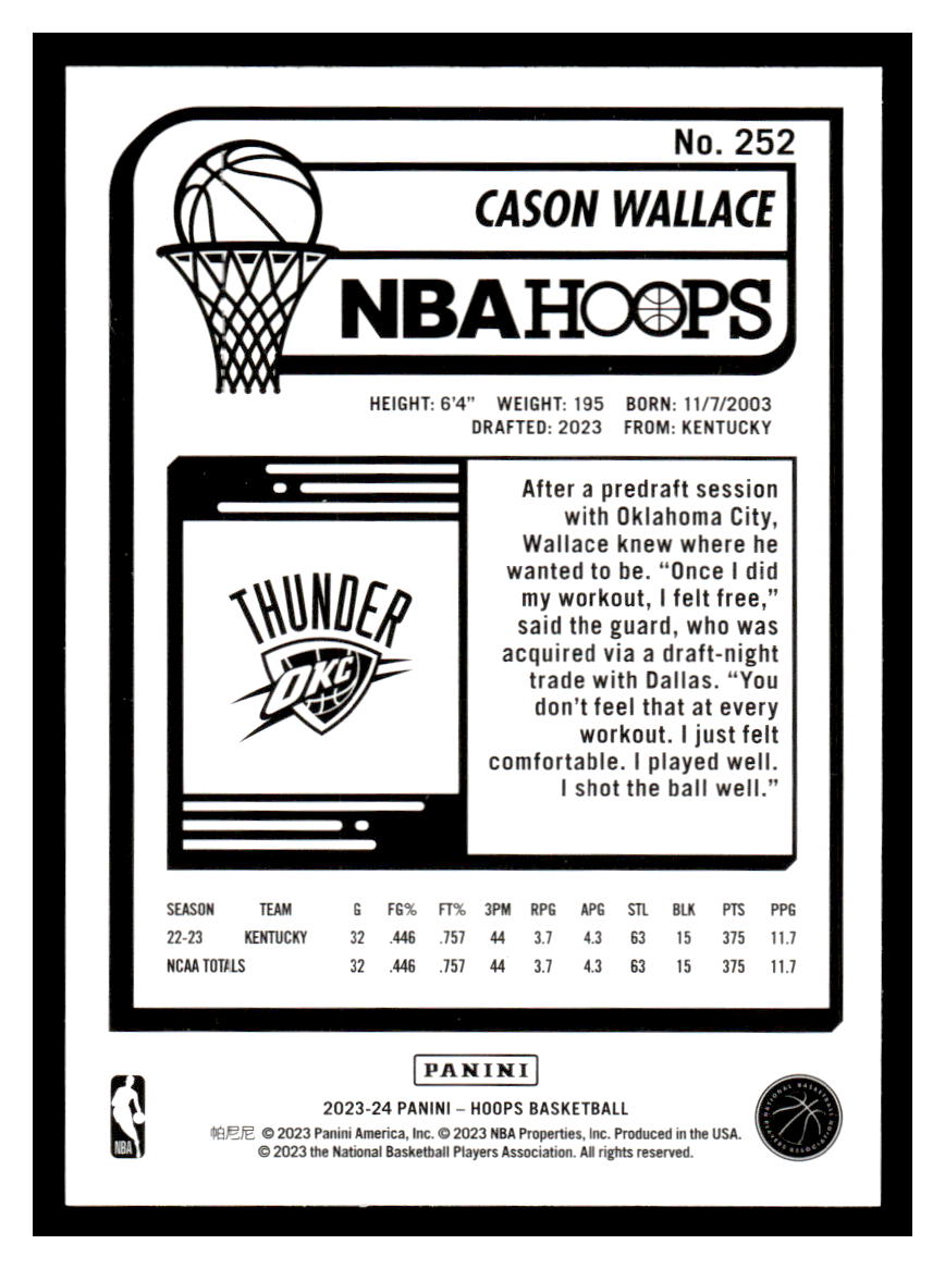 2023-24 Panini NBA Hoops #252 Cason Wallace Rookie RC (Oklahoma Thunder)