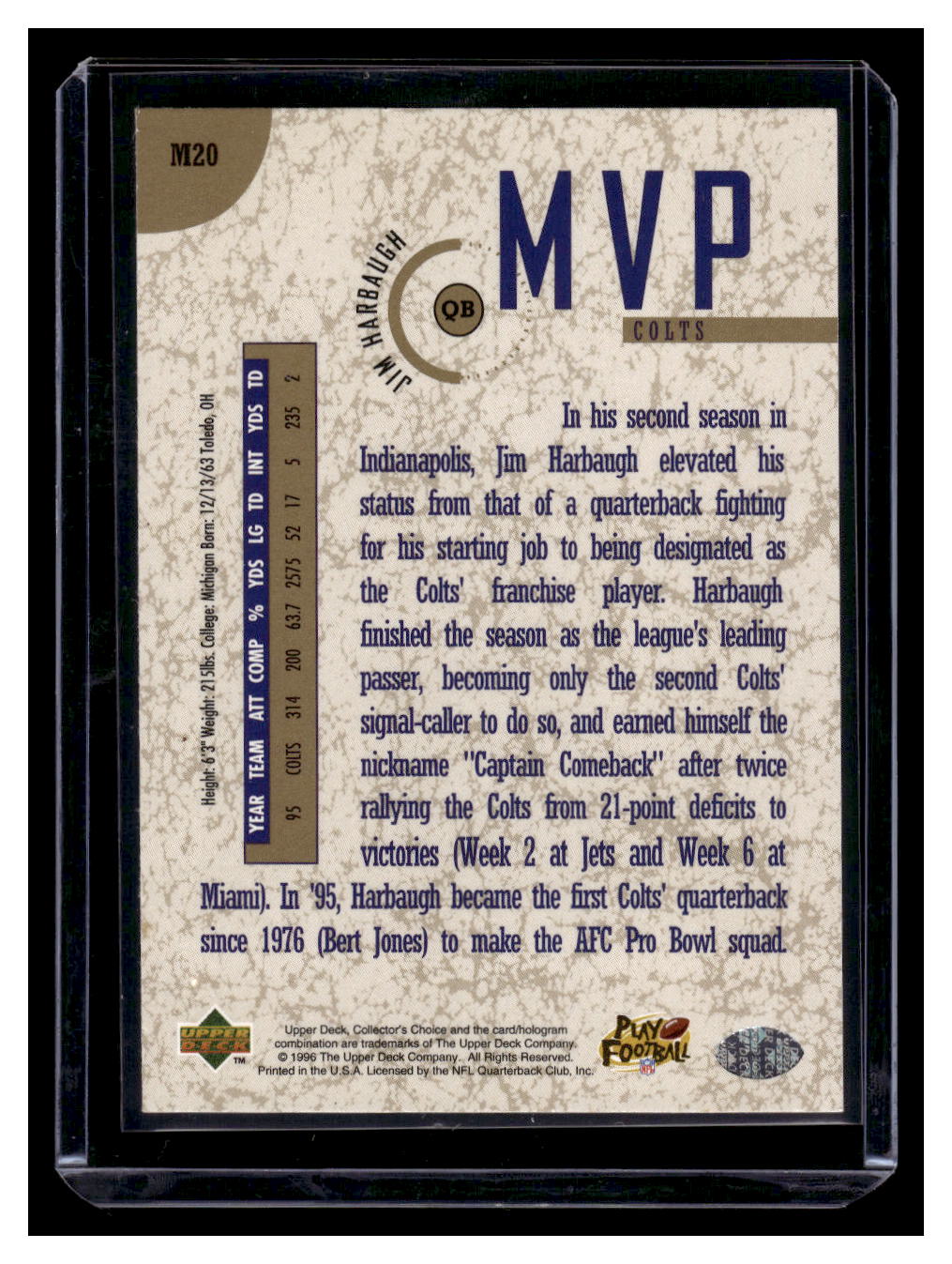 1996 Collector's Choice MVPs Gold #m20 Jim Harbaugh (Indianapolis Colts)