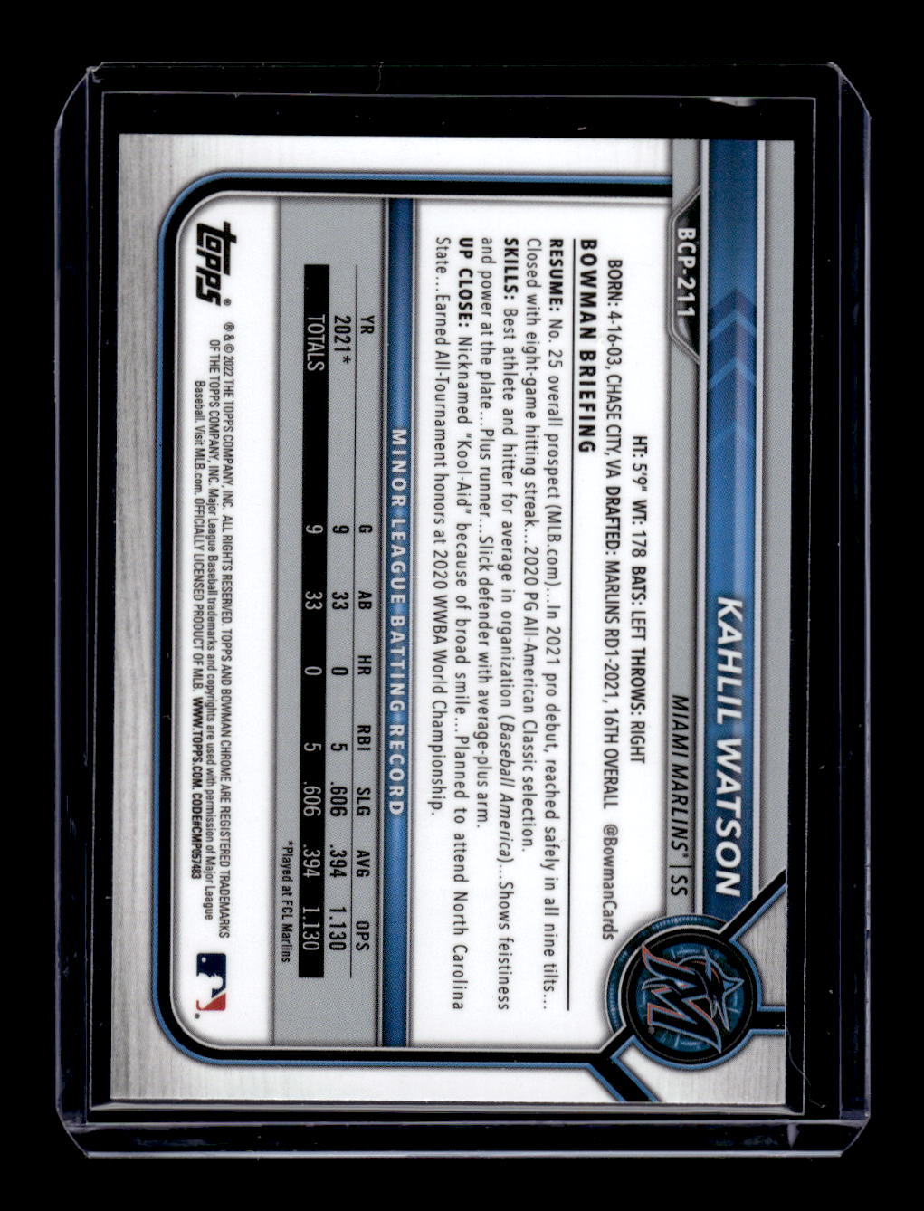 2023 Bowman Chrome "Sapphire Edition" Prospects #BCP-147 Kahill Watson (Miami Marlins)