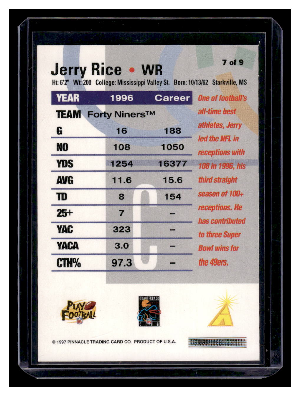 1997 Piinnacle "Rembrandt Embossed Bronze" #7 Jerry Rice (San Francisco 49ers)