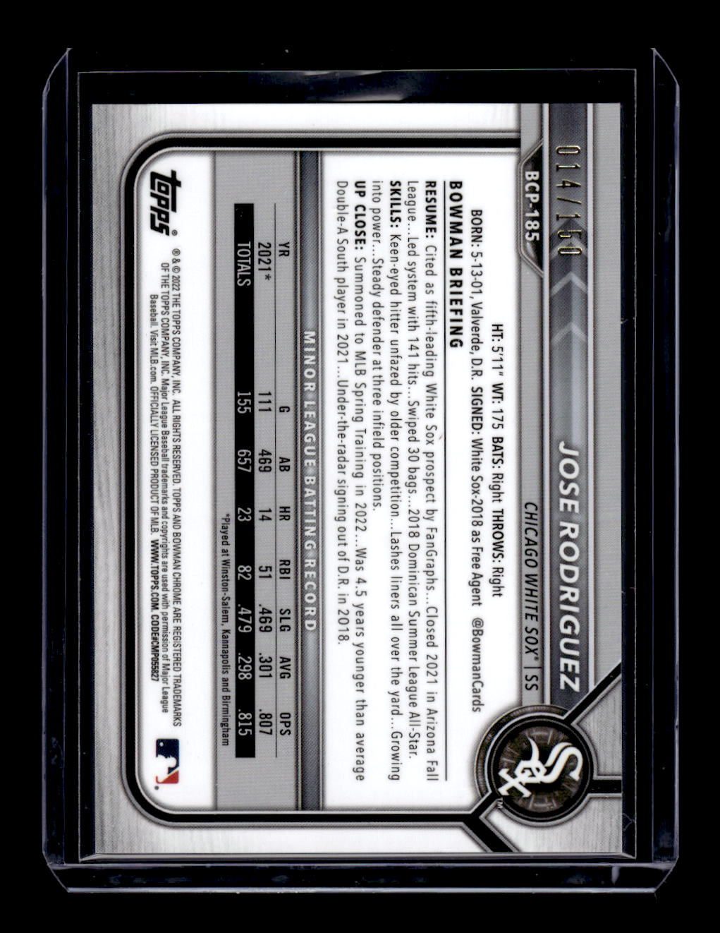 2022 Bowman Chrome Prospect #BCP-185 Jose Rodriguez Blue Refractor #'d /150 (Chicago White Sox)