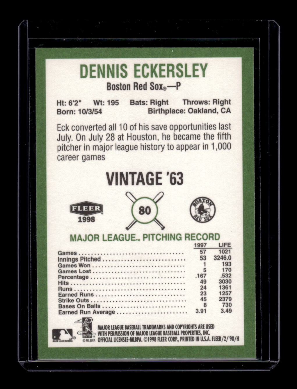 1998 Fleer Tradition Vintage '63 #80 Dennis Eckersley (Boston Red Sox)