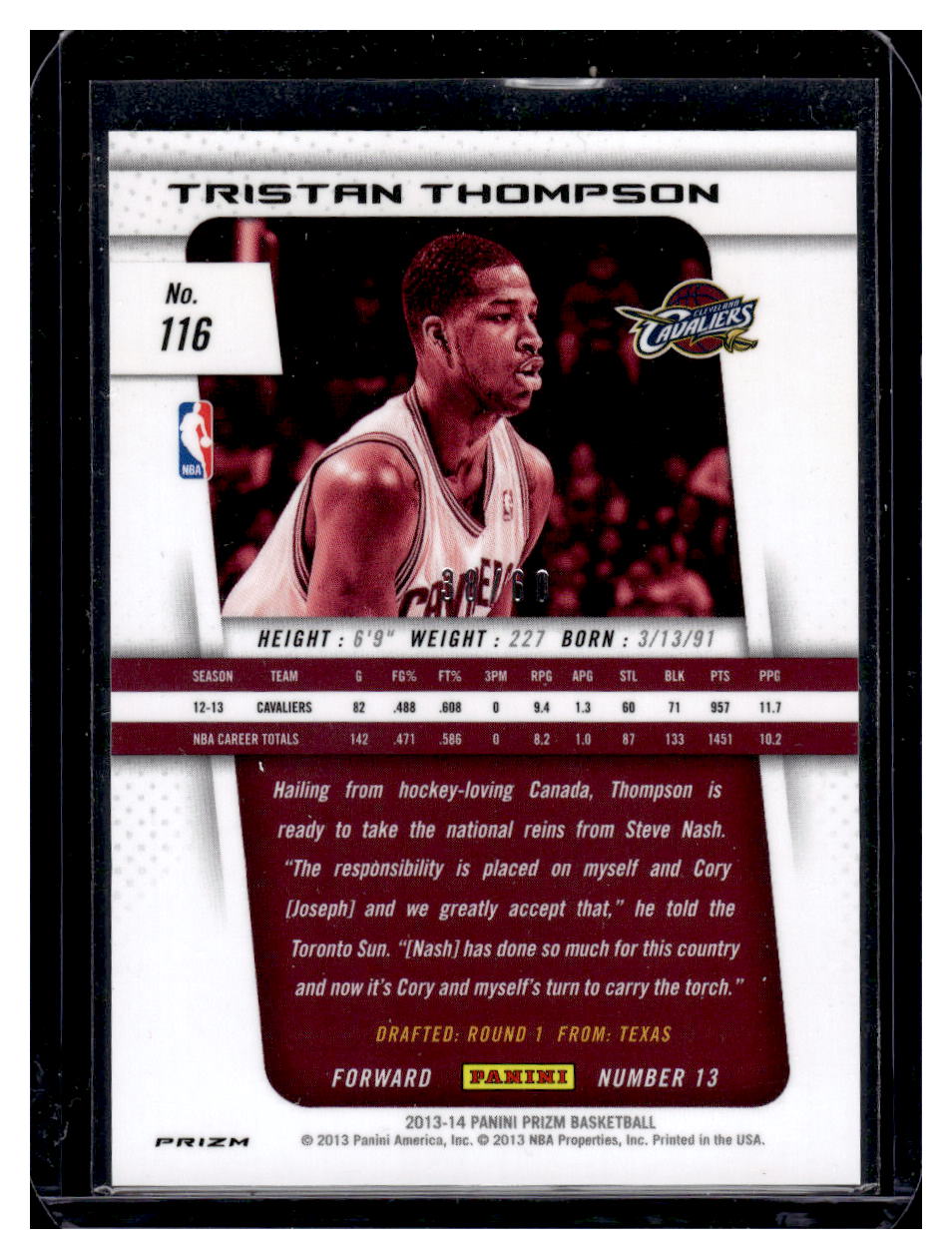 2013 Panini Prizm #116 Tristan Thompson Orange #'d /60