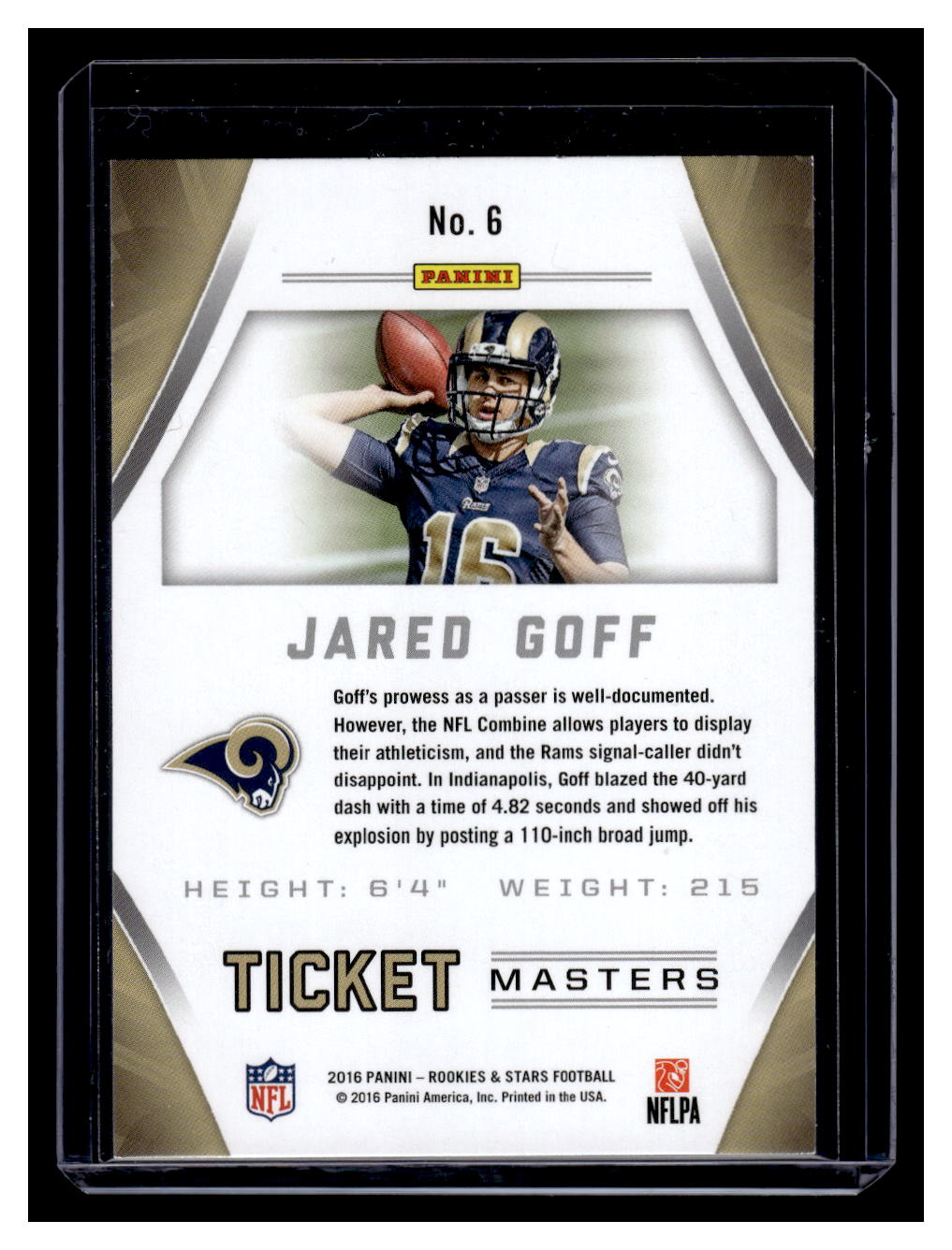 2016 Panini Rookies & Stars Ticket Masters #6 Jared Goff (Los Angeles Rams)