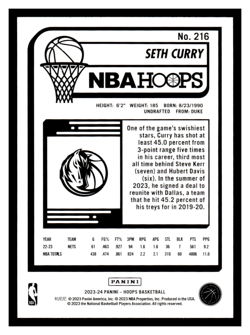 2023-24 NBA Hoops #216 Seth Curry (Dallas Mavericks)