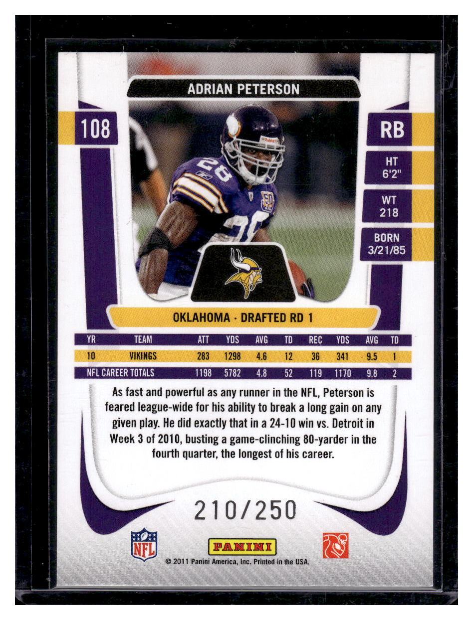 2011 Panini Prestige "Xtra Points Gold" #108 Adrian Peterson #'d /250 (Minnesota Vikings)