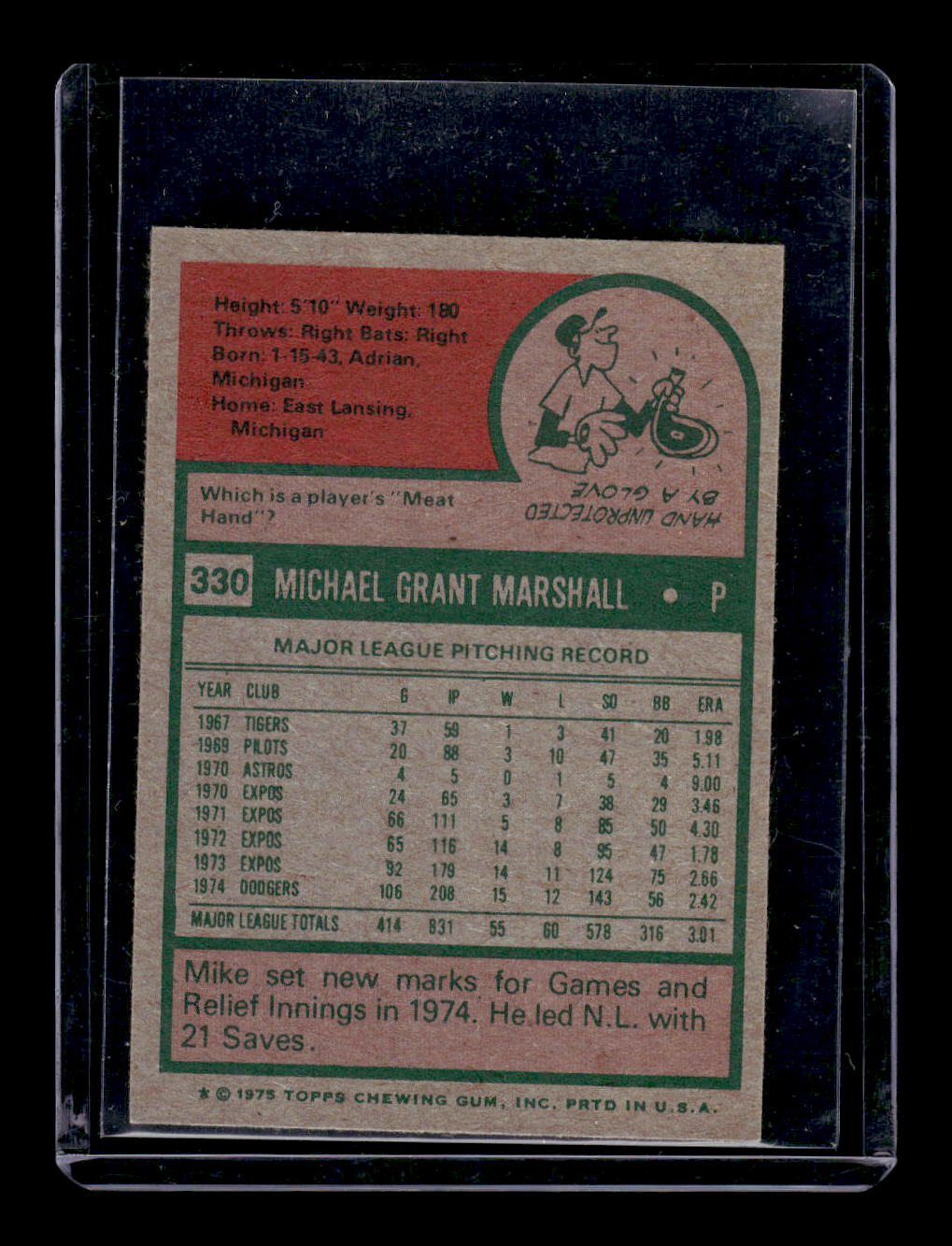 1975 Topps Mini #330 Mike Marshall (Los Angeles Dodgers)