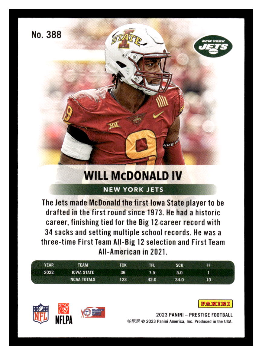 2023 Panini Prestige #388 Will McDonald IV Rookie RC (New York Jets)