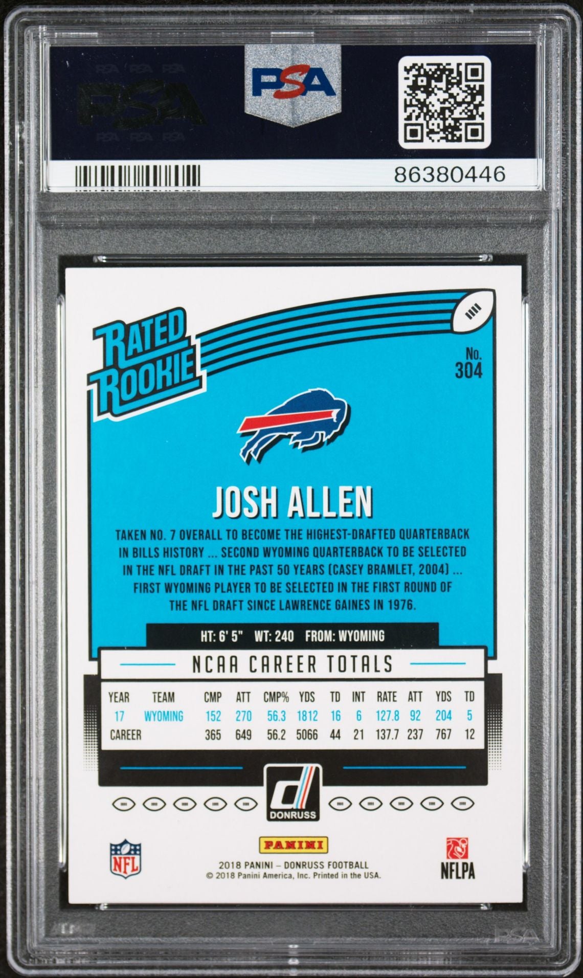 2018 Panini Donruss #304 Josh Allen Rated Rookie RC (Buffalo Bills) PSA 10 Gem Mint