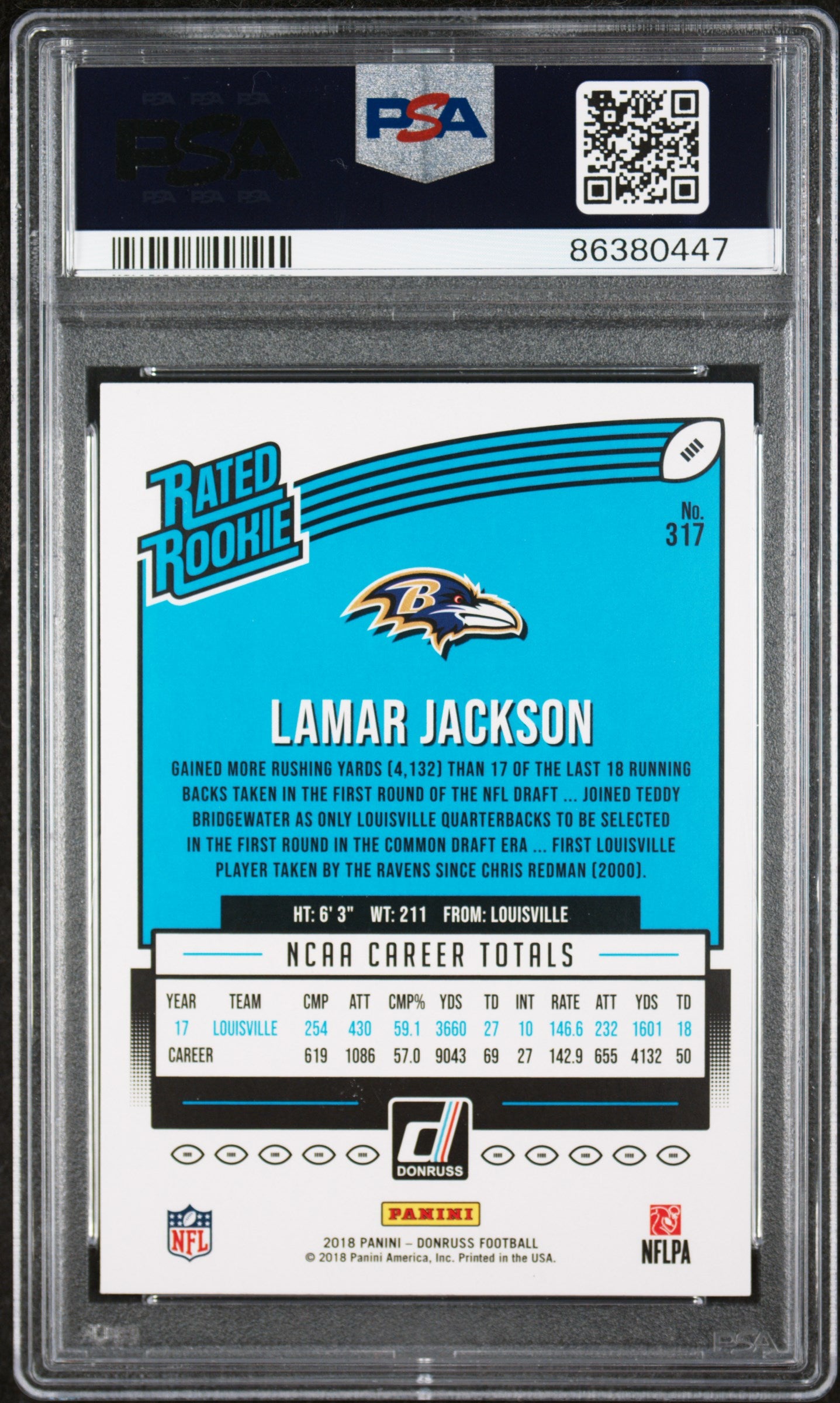 2018 Panini Donruss #317 Lamar Jackson Rated Rookie RC (Baltimore Ravens) PSA 10 Gem Mint