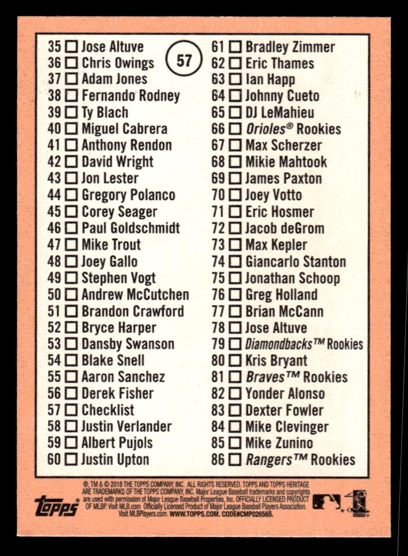 2018 Topps Heritage #57 1st Series Check List 1-86 (Mike Trout) Angels